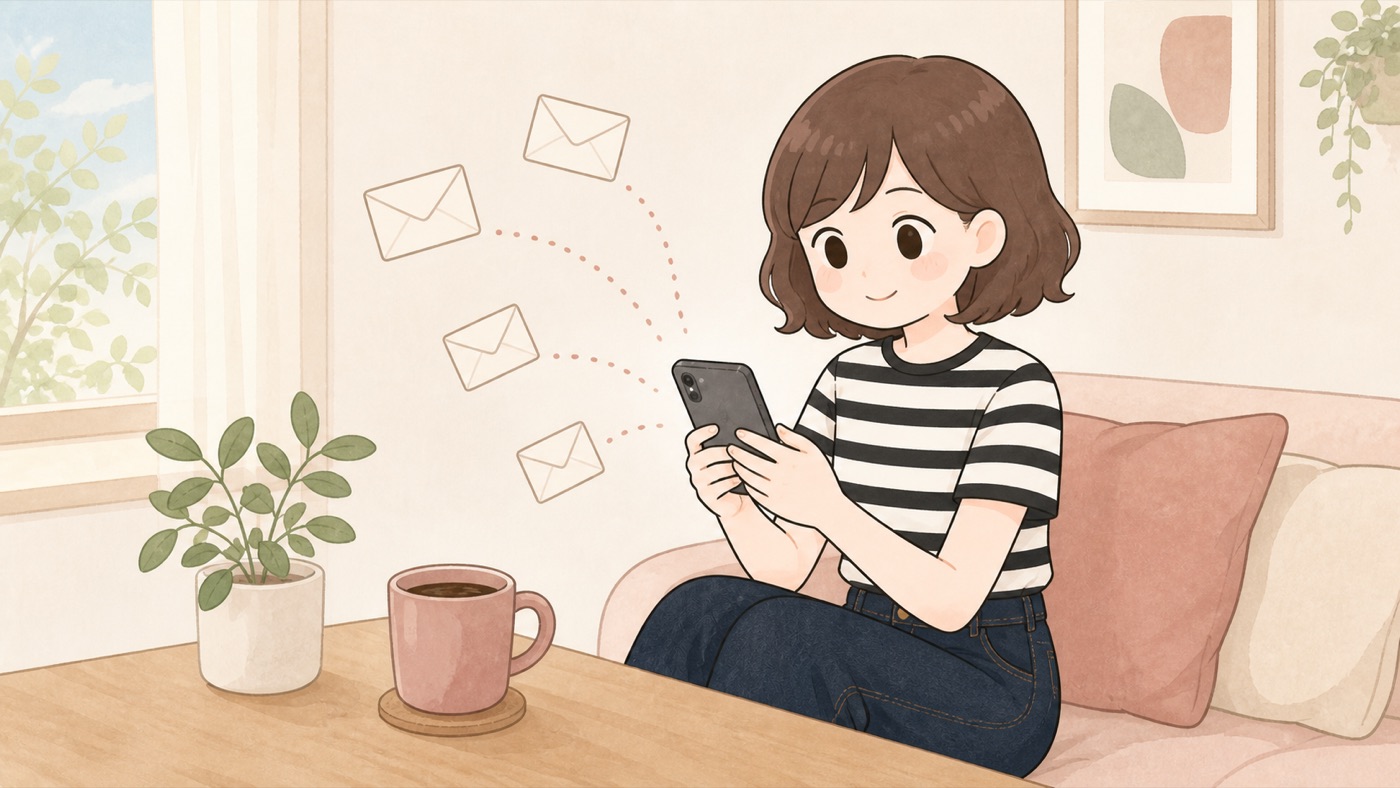 朝、届いたメールをスマホで読んでいる様子
